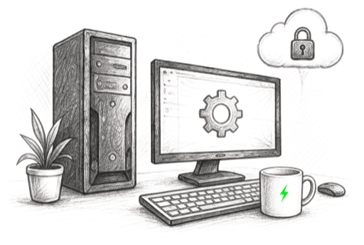 Equipo informático y taza con rayo verde dibujados a lápiz